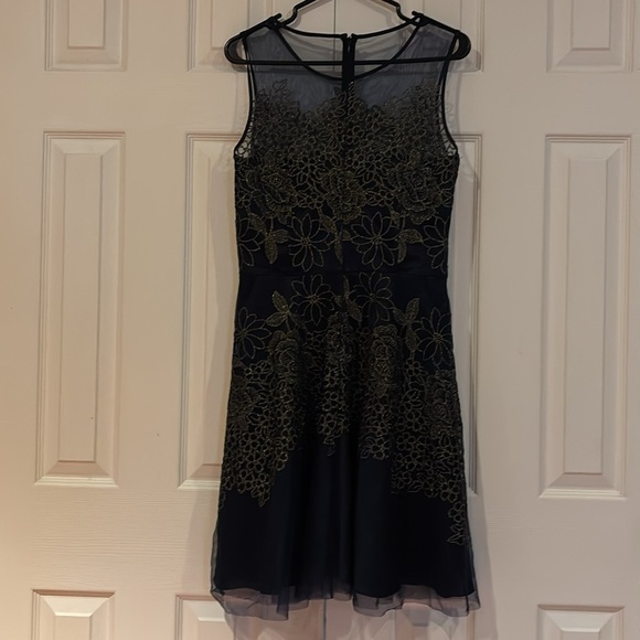 Tahari Navy Sheer Embroidered Fit and Flare mini party dress - Picture 9 of 15